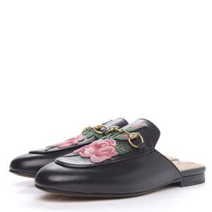 GUCCI Princetown Horsebit Flat Mules Sz 35 Black Leather Floral Embroidered